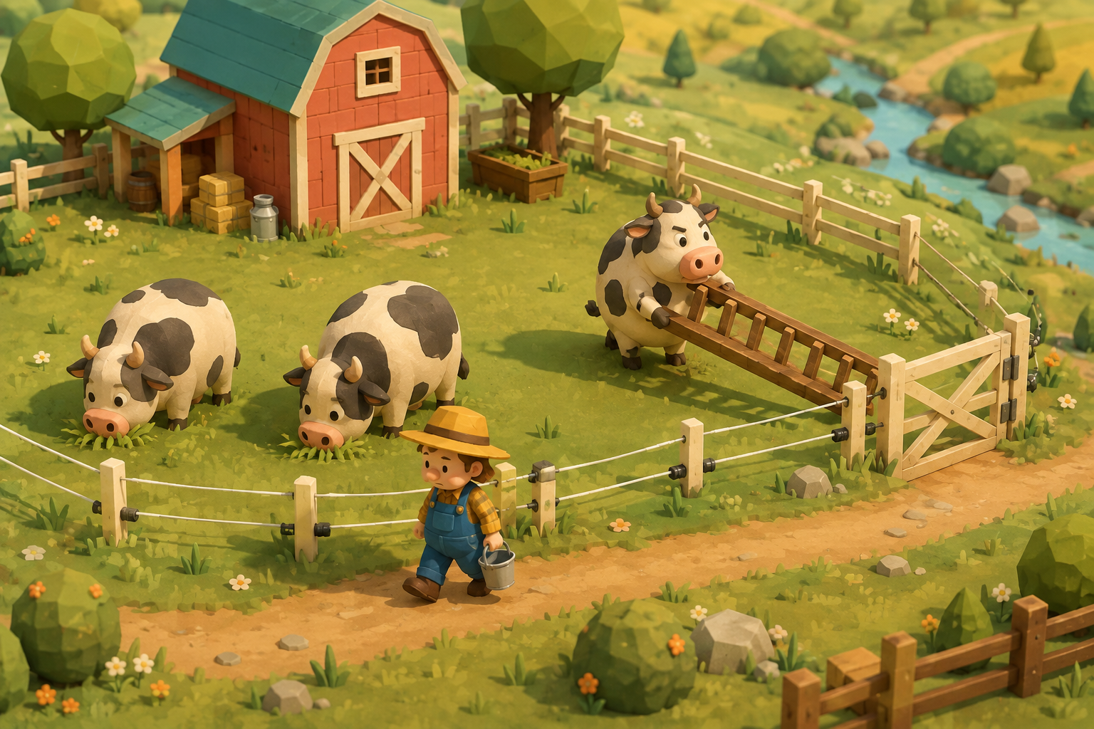 A cow secretly drags a ladder behind a farmer while the rest of the herd grazes innocently.