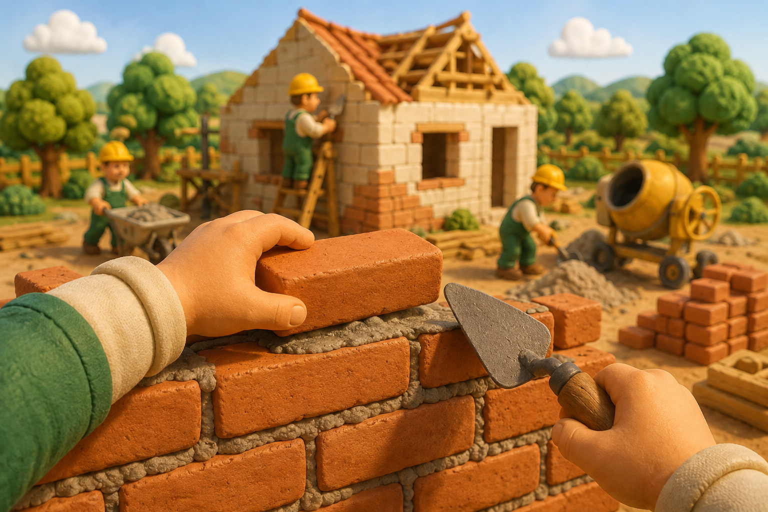 A builder lays a brick with a mortar trowel while friends work on the house beside a cement mixer.