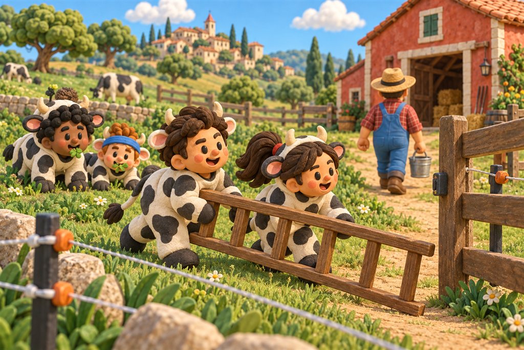 Four clay friends in cow disguises sneak a ladder toward a pasture gate behind a distracted farmer.