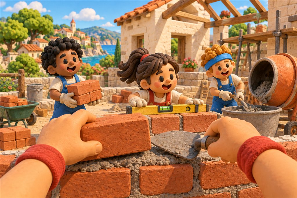 Clay hands lay a brick with a trowel while three familiar friends work beyond the wall.