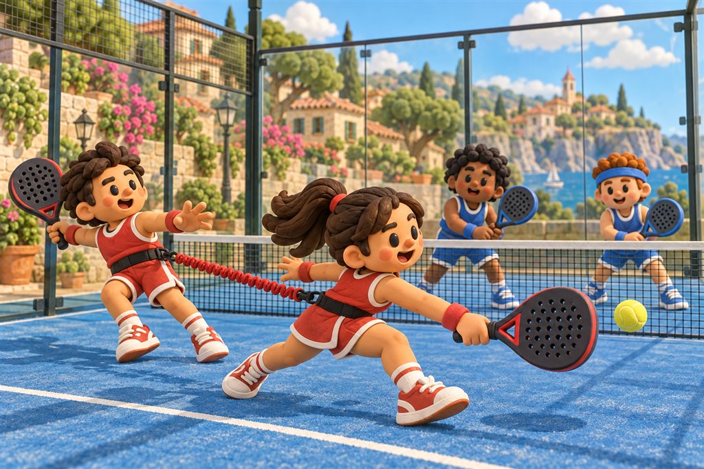 Four clay players compete at padel, with the red pair linked by a stretching bungee cord.