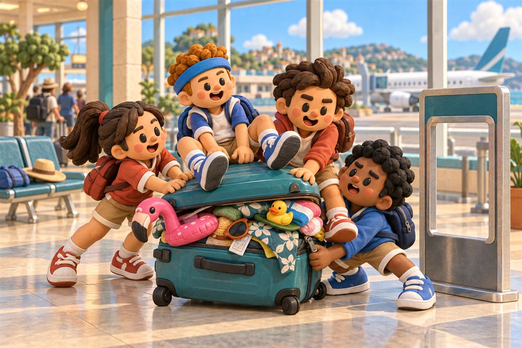 Four clay travelers squash an overstuffed suitcase beside an airport luggage sizer as toys pop out.