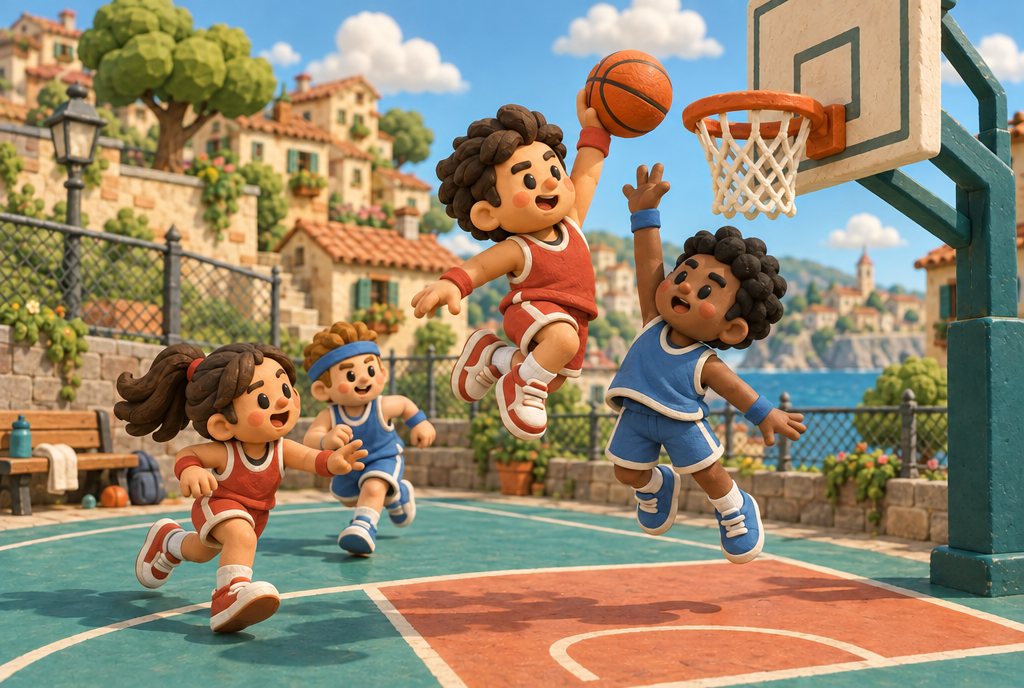 Four clay basketball players in red and blue jerseys jump and reach for a dunk on an outdoor court.