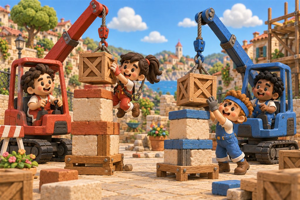 Four clay workers use red and blue cranes to stack crates into competing towers.
