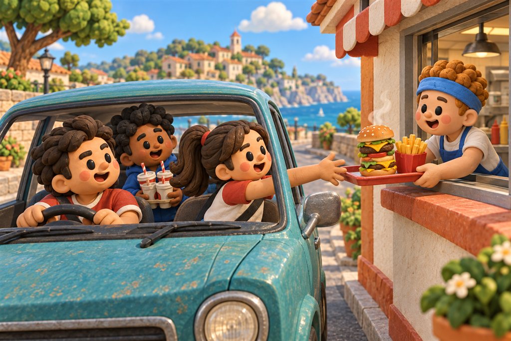 Three clay travelers reach from a car for a wobbling burger tray served by their friend at a drive-thru.