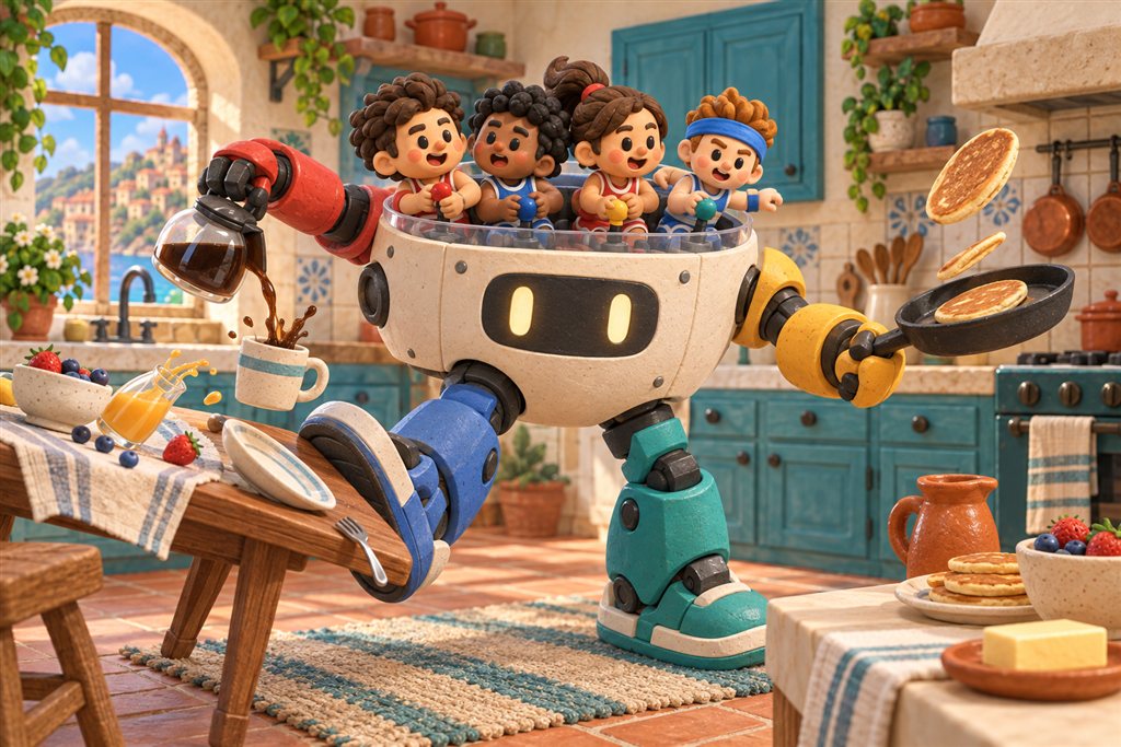 Four clay friends pilot a clumsy robot that pours coffee, flips pancakes and kicks the breakfast table.