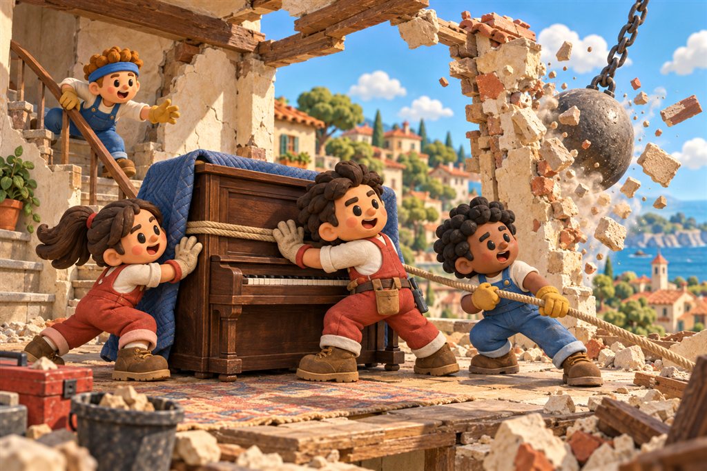 Four clay workers protect an upright piano as a wrecking ball breaks a house wall.