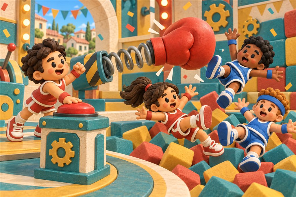 One clay contestant presses a red button, launching a boxing glove toward three surprised friends.