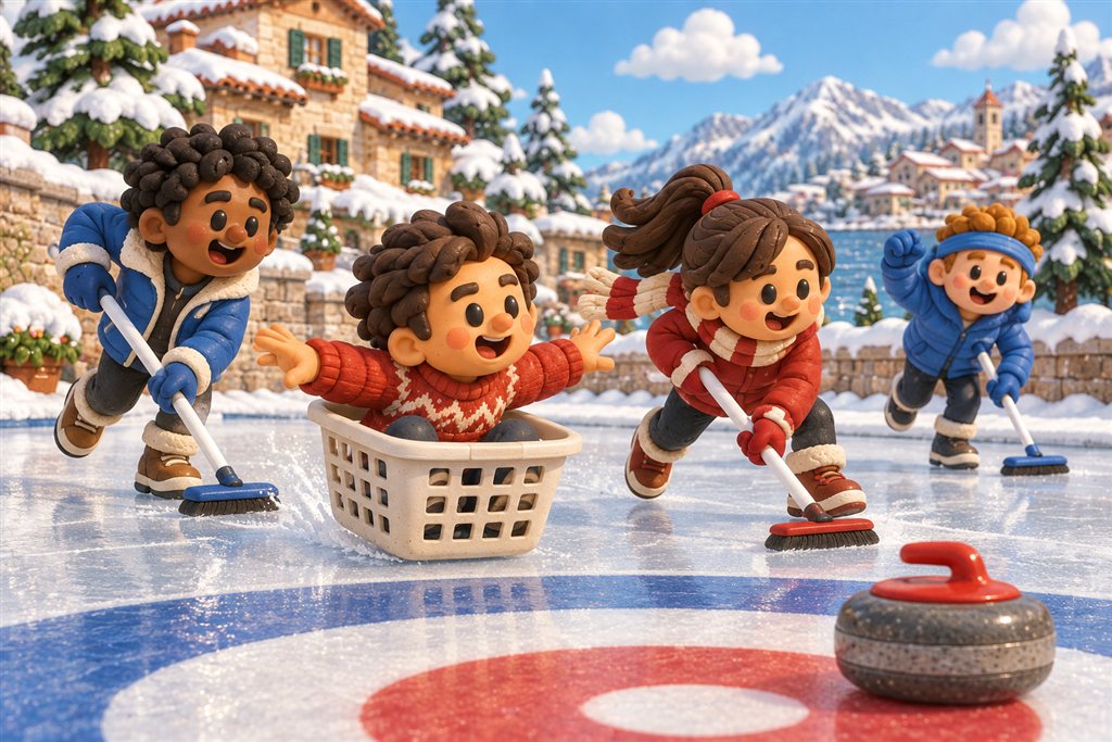 Four clay friends sweep a curling rink as a teammate rides a laundry basket toward the target.