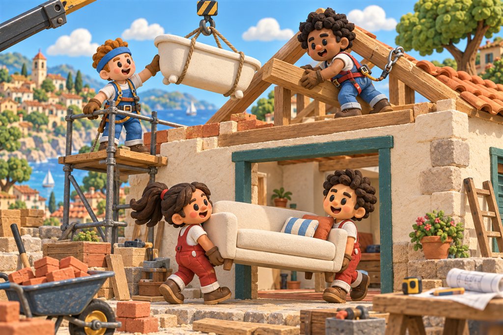 Four clay builders carry a sofa and guide a crane lifting a bathtub onto a half-built house.