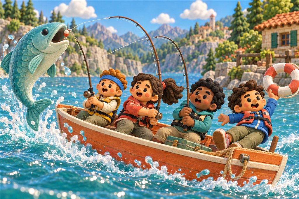 Four clay friends in life jackets reel in an enormous fish from a rocking orange boat.