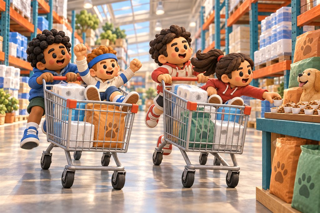 Four clay friends race two loaded shopping carts toward a tray of supermarket samples.