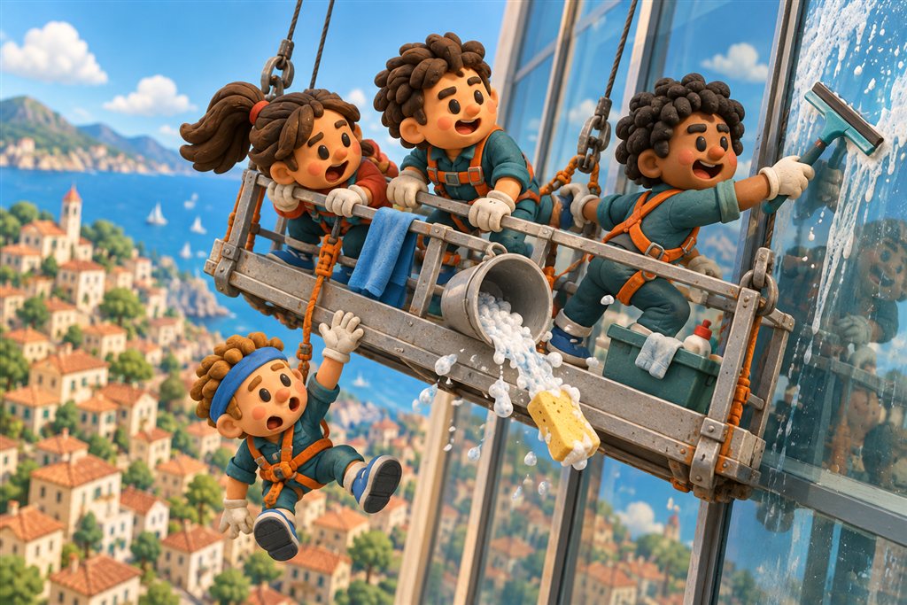 Four clay window cleaners cling to a tilted suspended scaffold as a bucket spills soapy water.