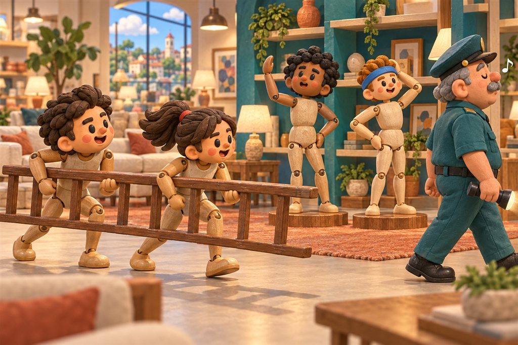 Four familiar clay-faced display mannequins sneak a ladder through a furniture showroom behind a guard.