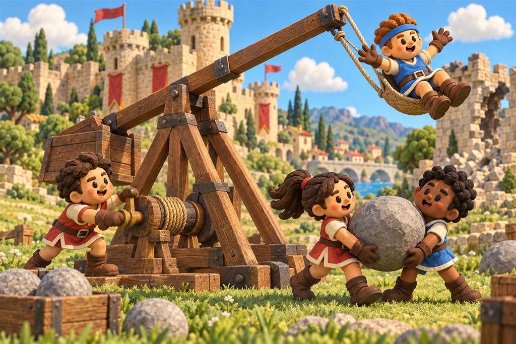 Four clay medieval crew members struggle with a trebuchet beside a distant sandstone castle.