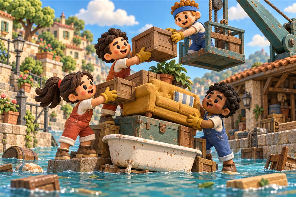 Four clay friends stack furniture and crates above rising turquoise floodwater.