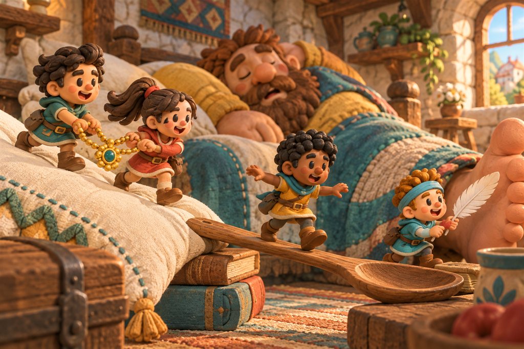 Four tiny clay adventurers steal a golden necklace from a sleeping giant in a cozy cottage.