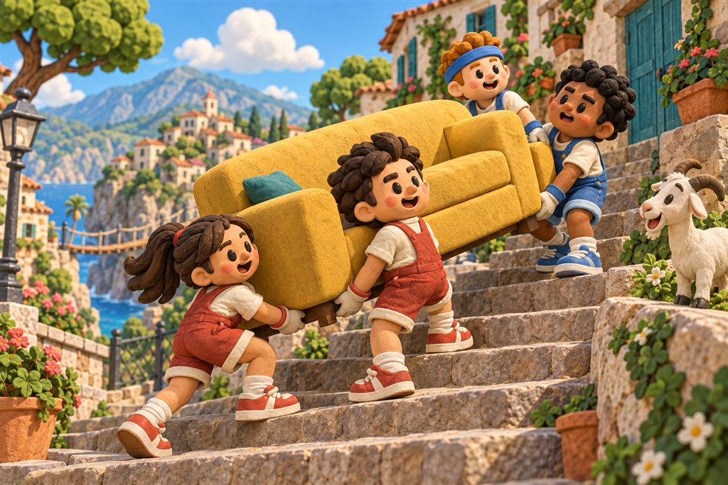 Four clay friends in work overalls carry a yellow sofa up village steps beside a goat and rope bridge.