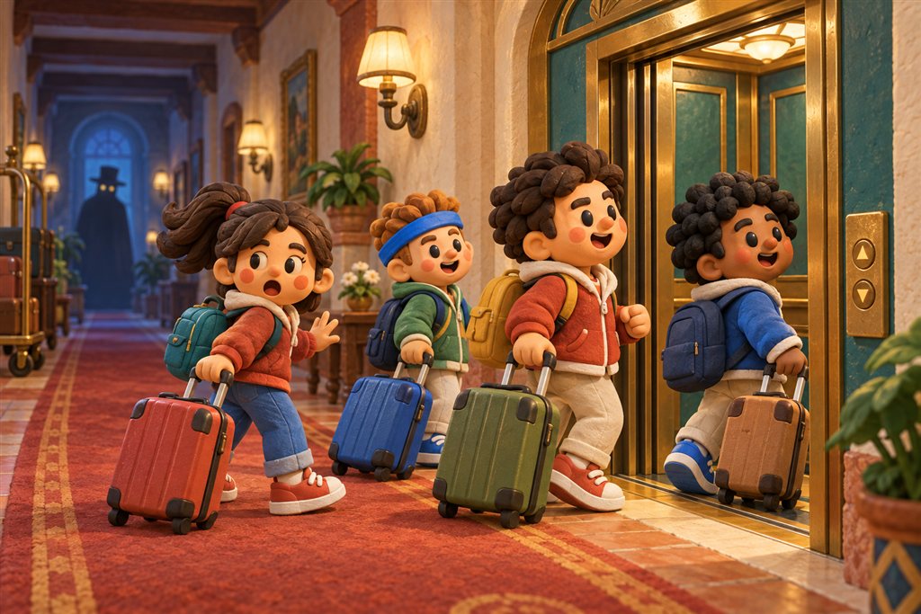 Four clay hotel guests approach an elevator while one spots a shadow down the corridor.