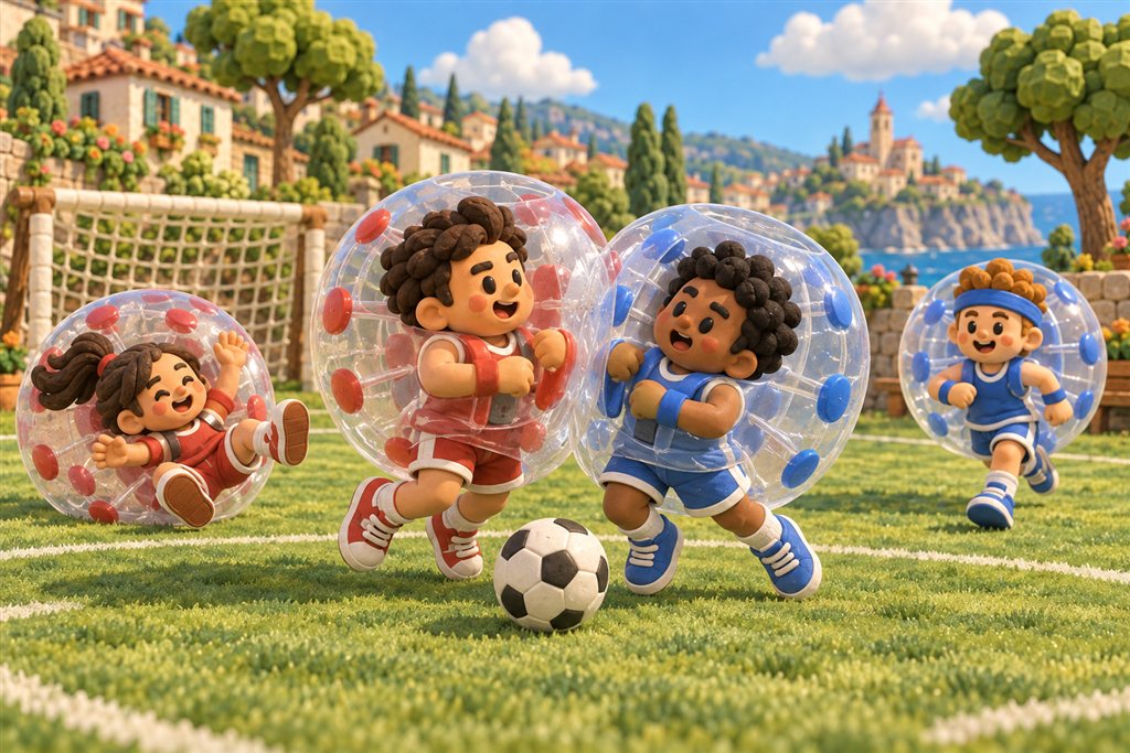 Four clay players in clear zorb bubbles collide and tumble around a soccer ball.