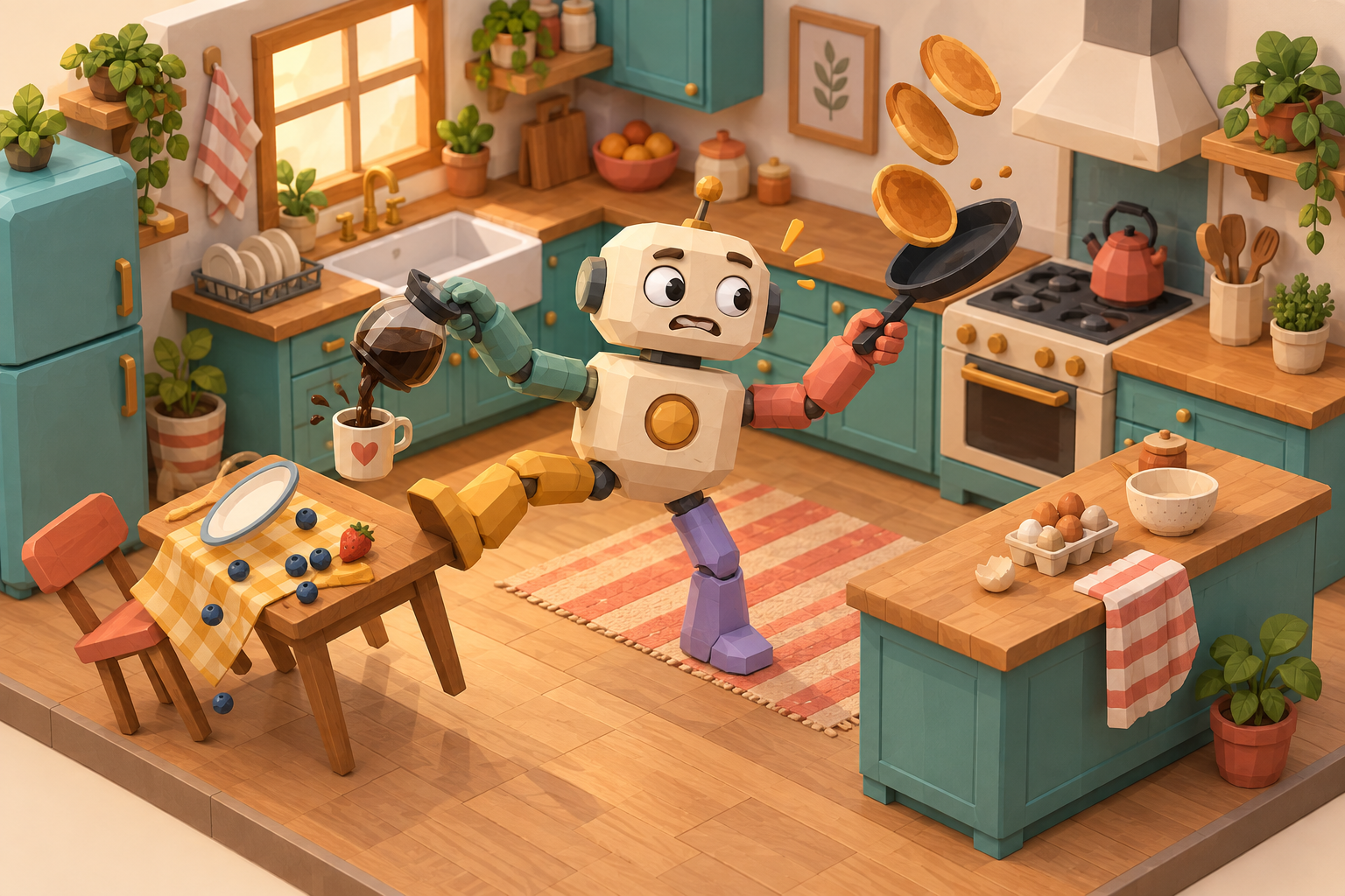 A clumsy toy robot with four colored limbs pours coffee, flips pancakes, and accidentally kicks the breakfast table.