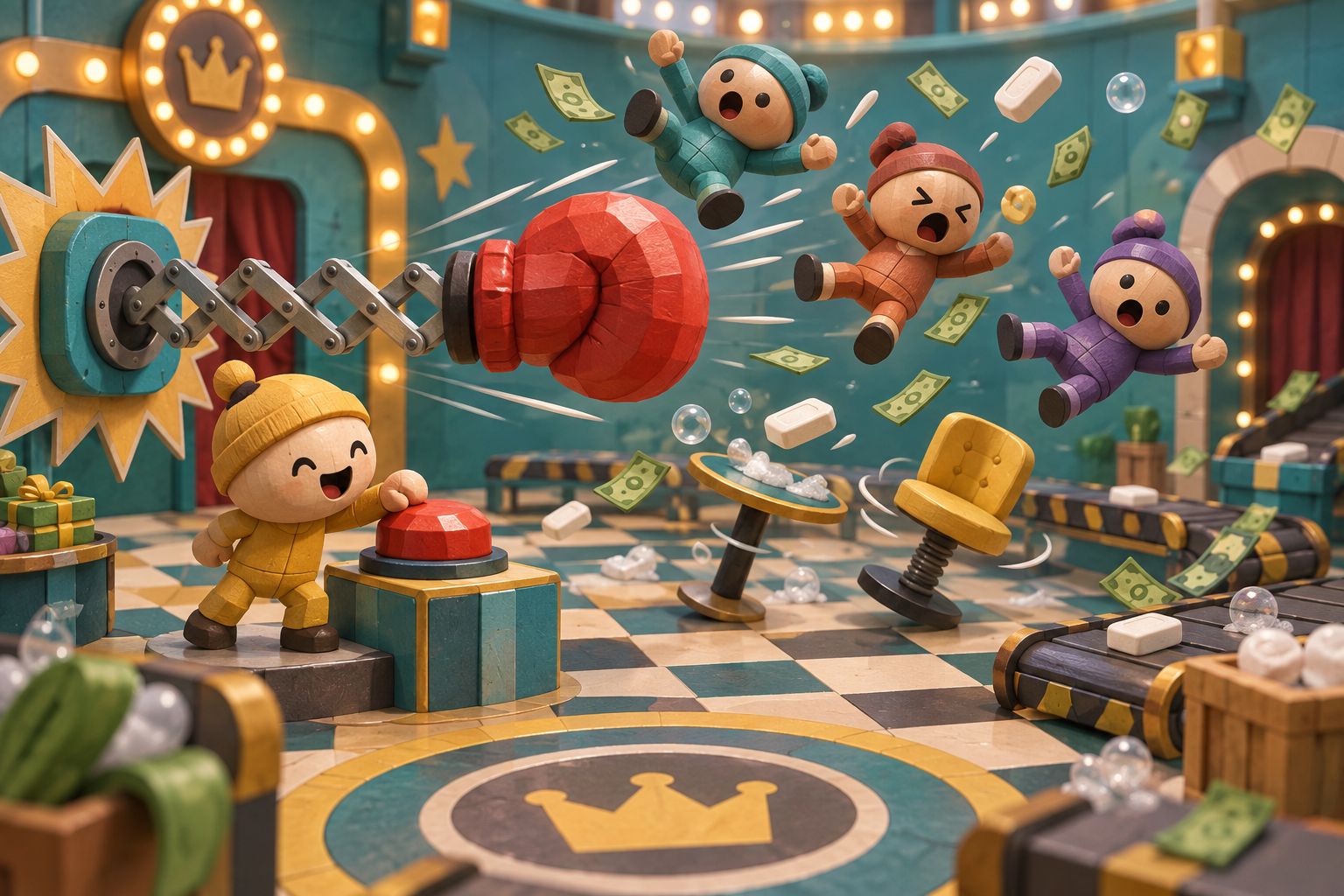 A contestant presses a huge red button as a giant boxing glove launches three friends through a toy game-show room.