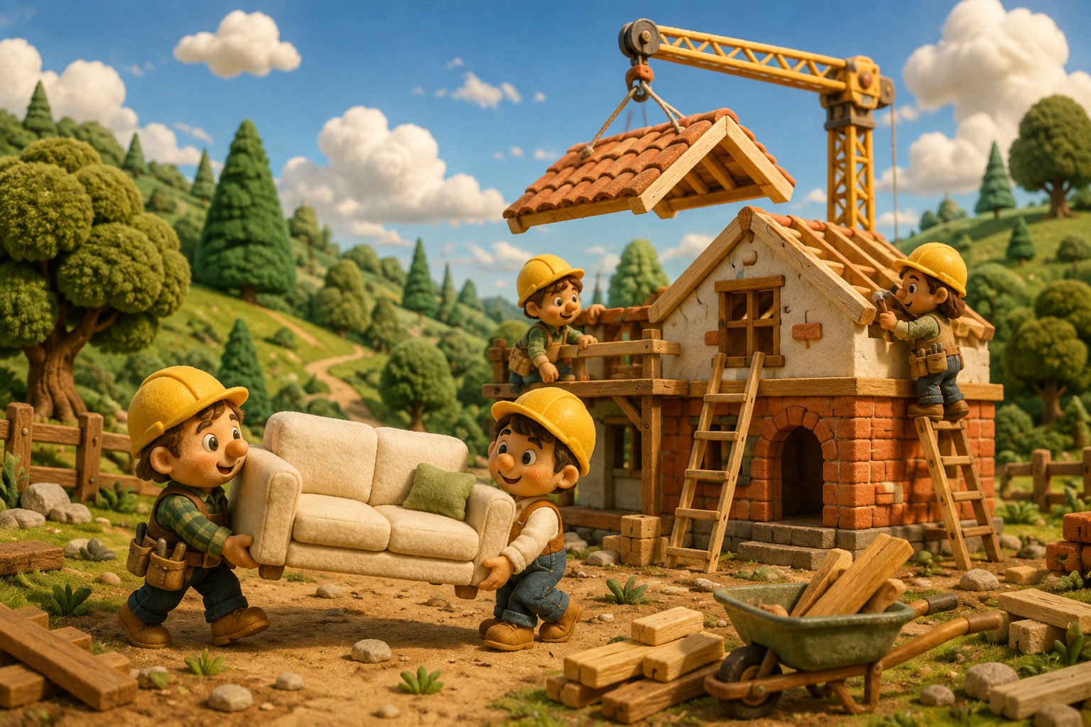Four hard-hatted builders carry a sofa and assemble a house while a crane lifts the roof.
