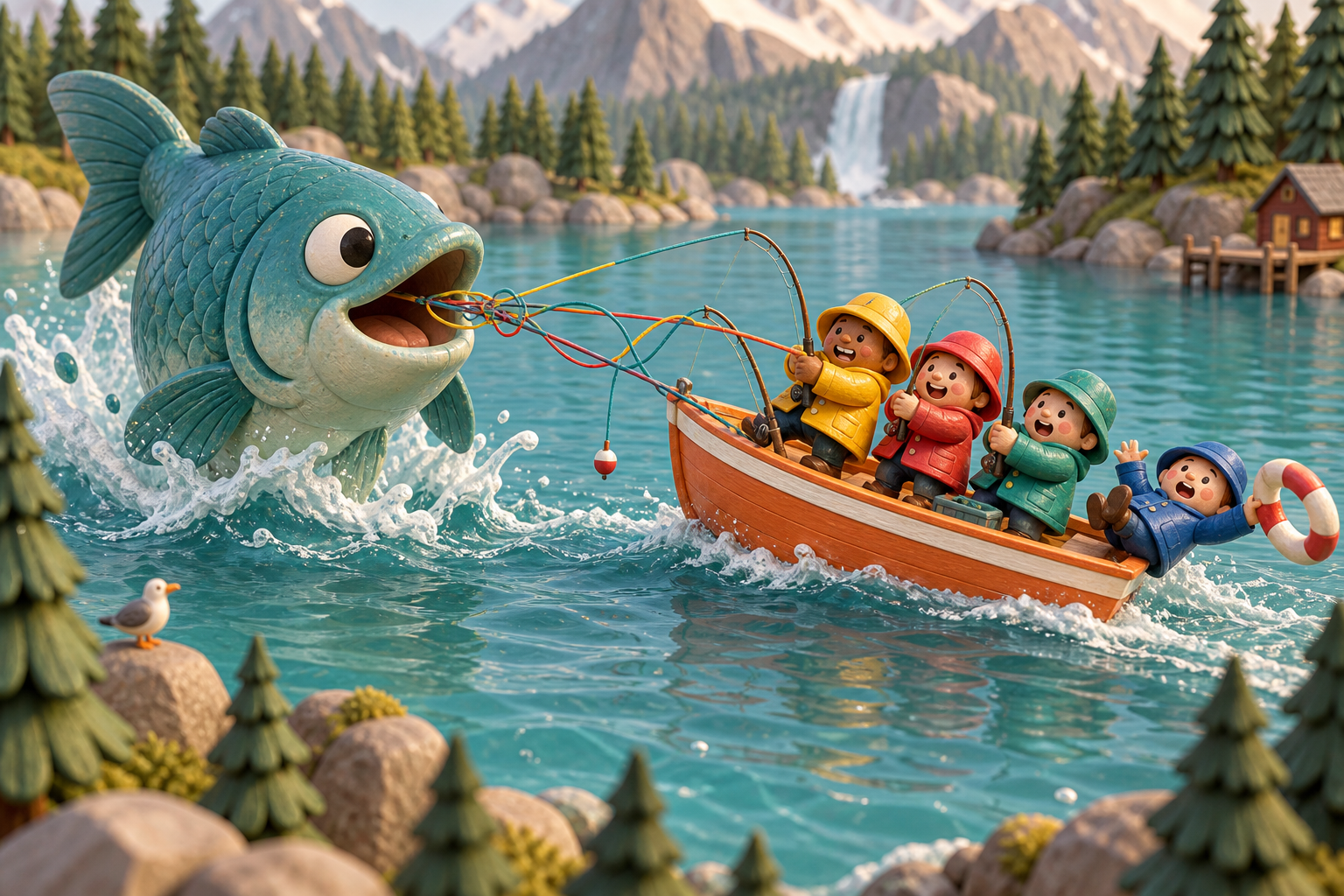 Four friends in a tiny coral fishing boat are dragged across a lake by an enormous fish, with tangled lines and one friend overboard.