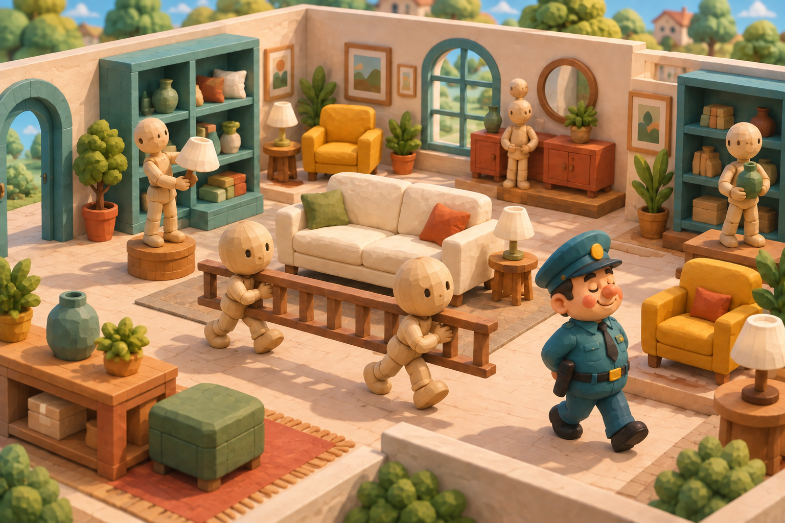 Wooden mannequins sneak a ladder past a distracted night guard in a furniture showroom.