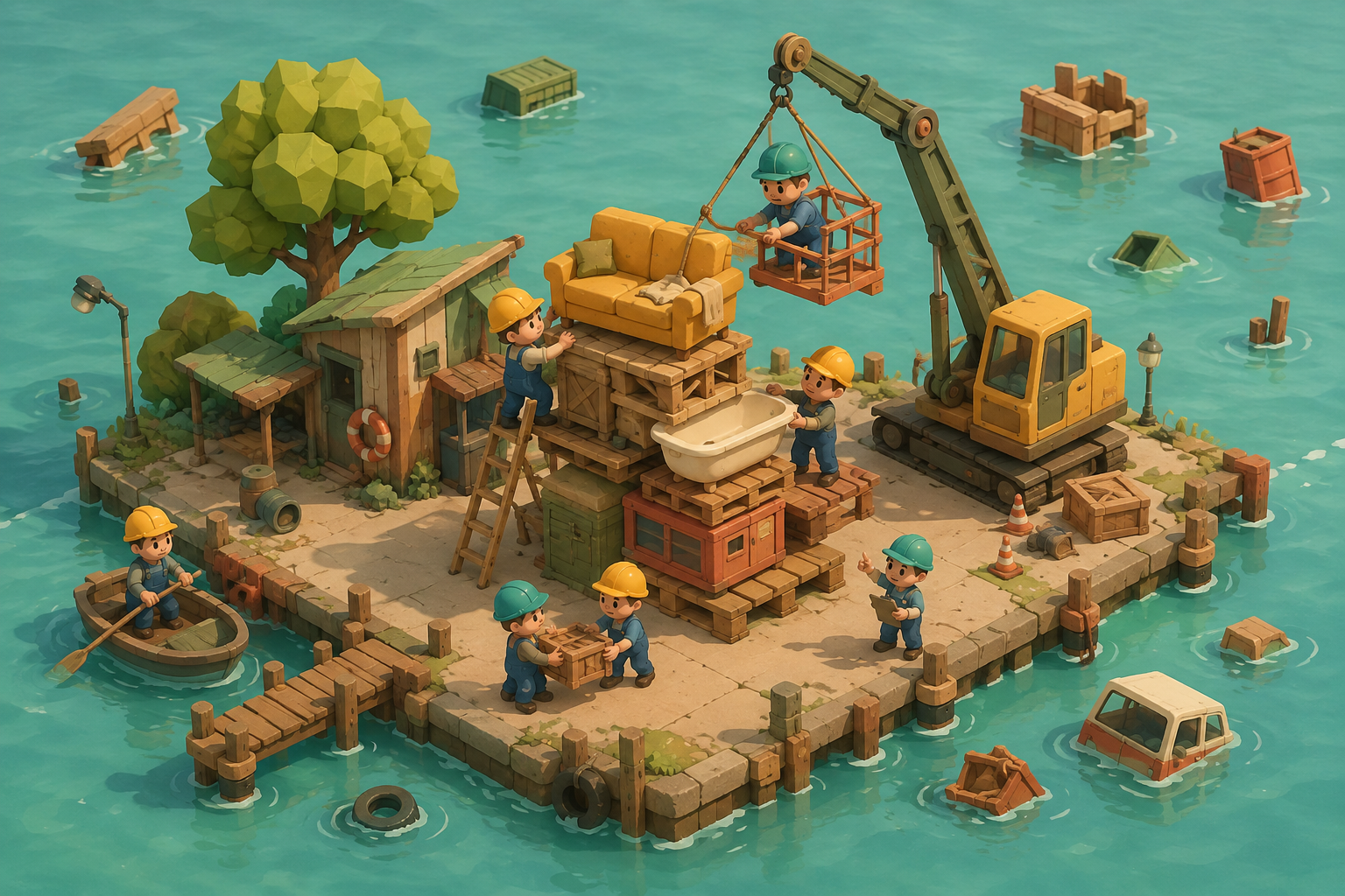 Hard-hatted friends stack crates and a sofa above a rising flood in a toy-like salvage yard.