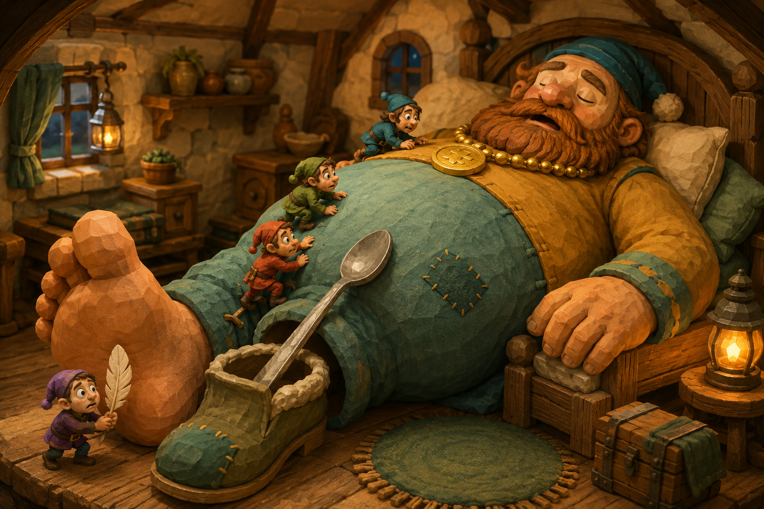 Four tiny thieves climb a sleeping bearded giant in a warm cottage, with a gold necklace, teaspoon bridge, and a feather near his foot.