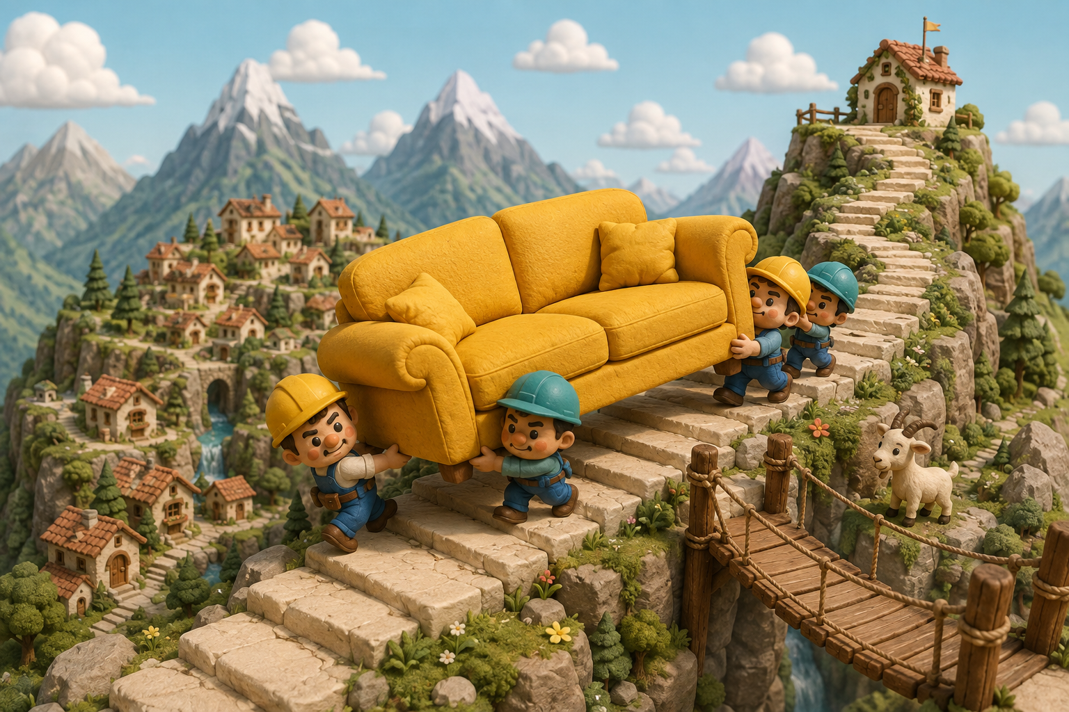 Four hard-hatted friends carry an enormous yellow sofa up a mountain village, past a rope bridge and a stubborn goat.