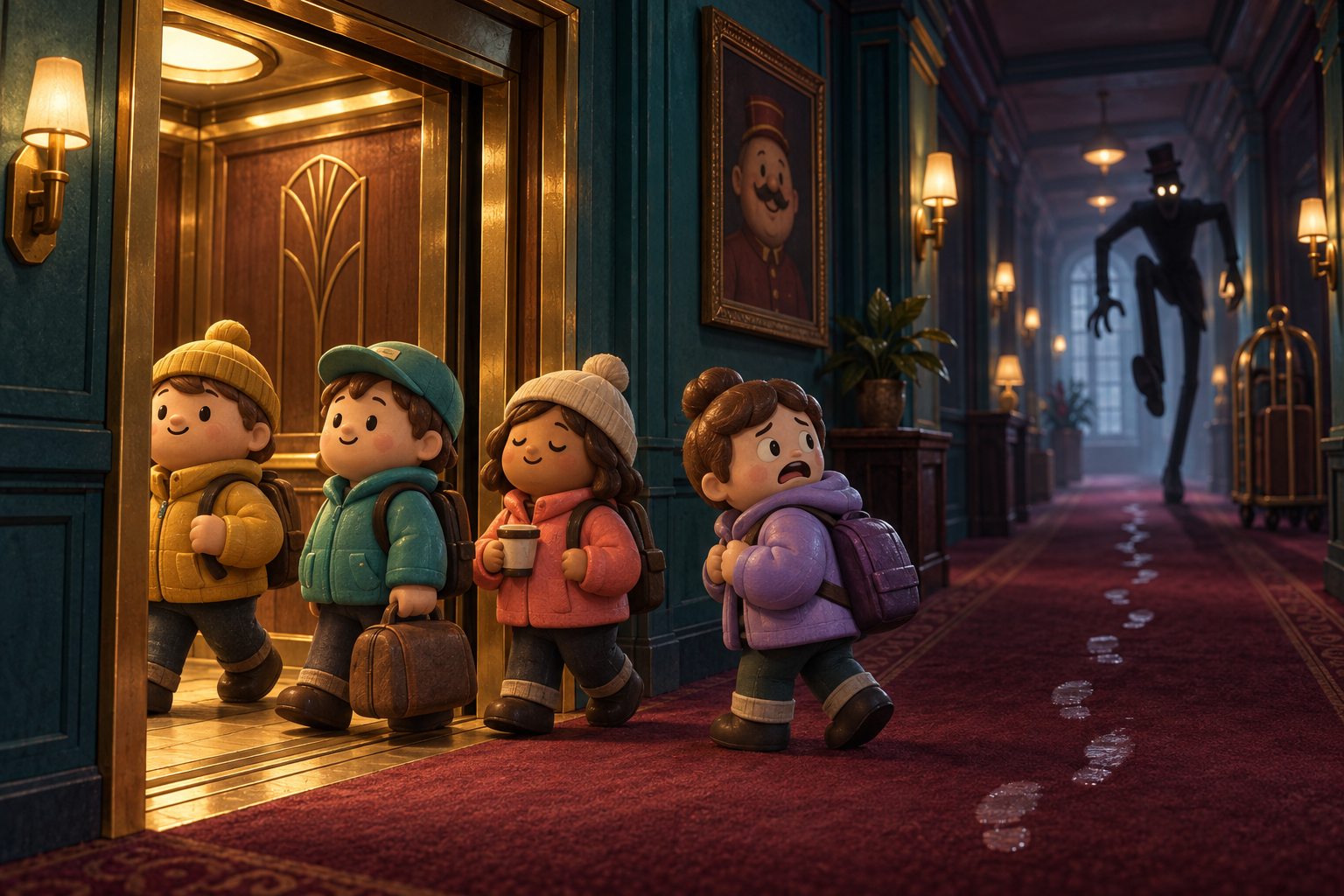 Four toy guests check out of a mysterious hotel. Only one sees the shadow sprinting toward their elevator.